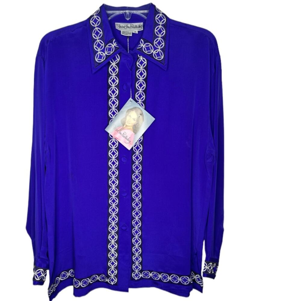 Vintage Diane Von Furstenberg Embroidered Silk Tunic Size S Purple Long Sleeve